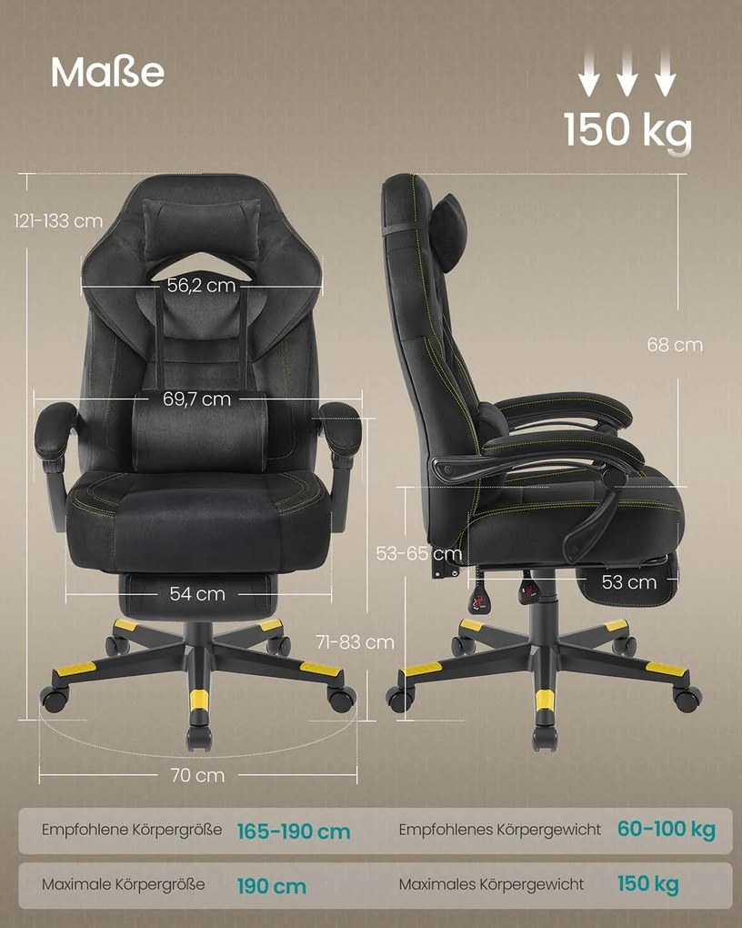 Cadeira gamer com apoio para os pés e almofada ajustável para a cabeça, Preta