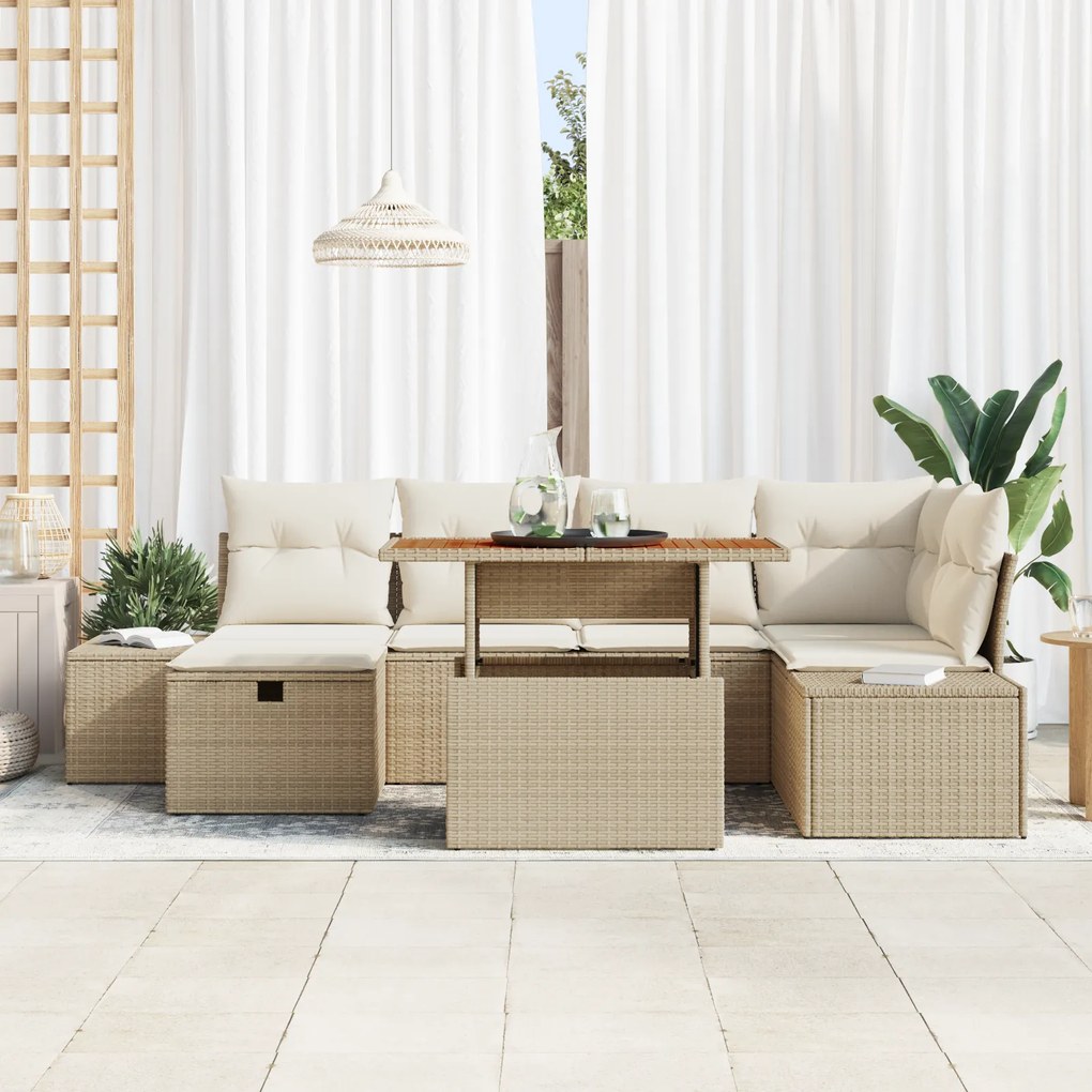 Conjunto de Sofá de Jardim de 7 Peças com Almofadas Bege Vime PE