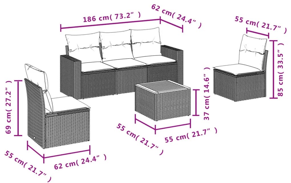 6 pcs conjunto sofás de jardim c/ almofadões vime PE preto