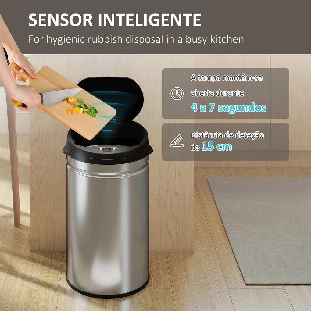 Balde de Lixo de Cozinha Automático 30 L em Aço Inoxidável Sensor Infravermelhos Fecho Automático 32x30,5x51 cm Prata