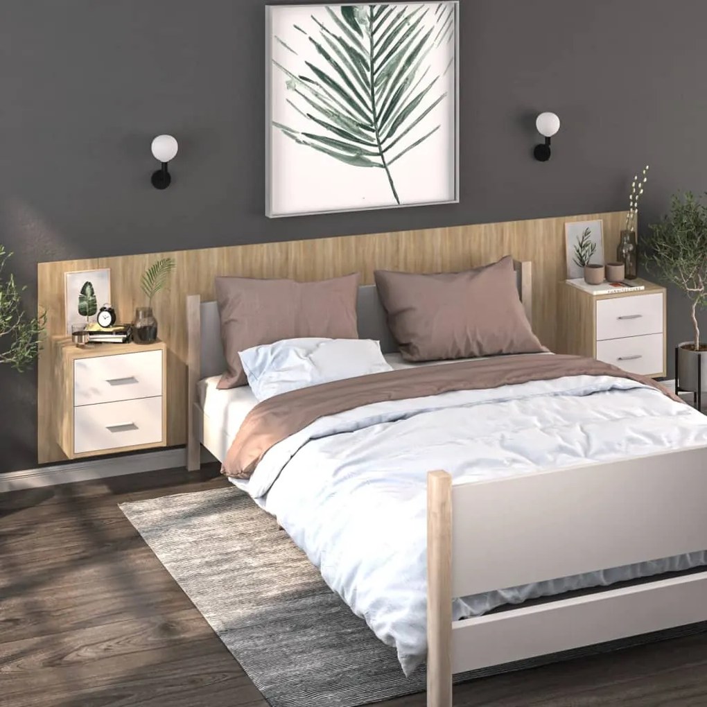 811000 vidaXL Mesas cabeceira montagem parede 2 pcs branco e carvalho sonoma