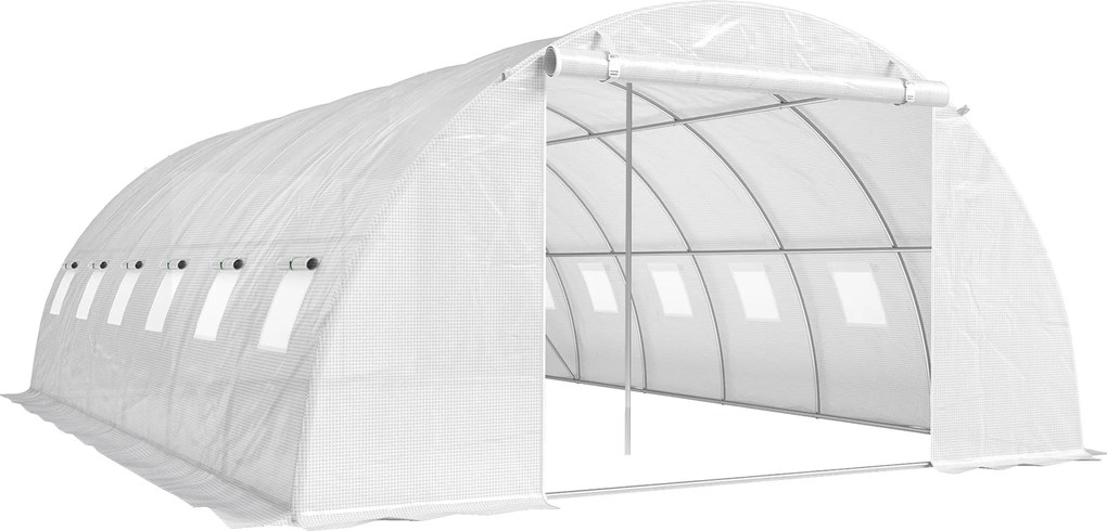 Outsunny Estufa Tipo Túnel com 2 Barras de Suporte, 2 Portas Enroláveis e Janelas com Rede, Cobertura de PE Anti-UV Branco | Aosom Portugal