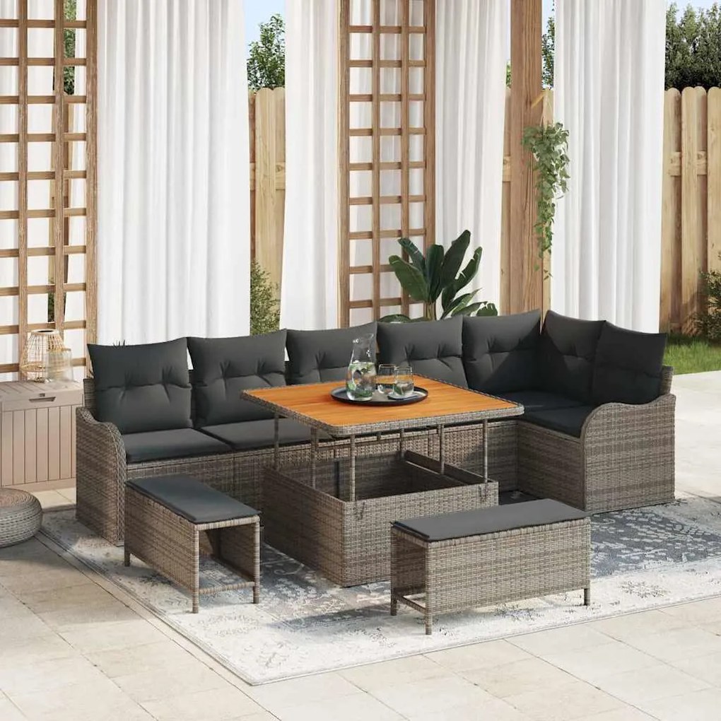 Conjunto de Sofá de Jardim vidaXL de 9 Peças com Almofadas Cinza Rattan Polipropileno Acácia