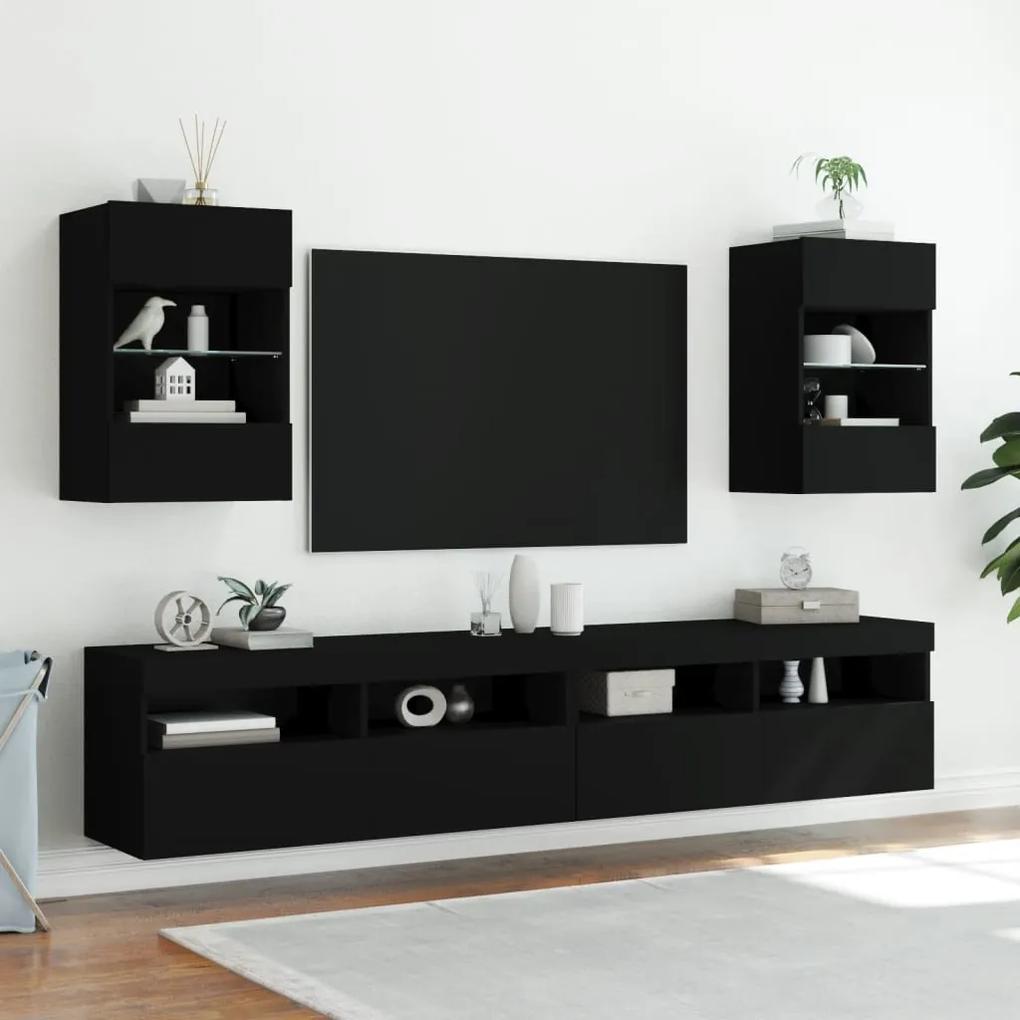 Móveis de parede p/ TV com luzes LED 2 pcs 40x30x60,5 cm preto