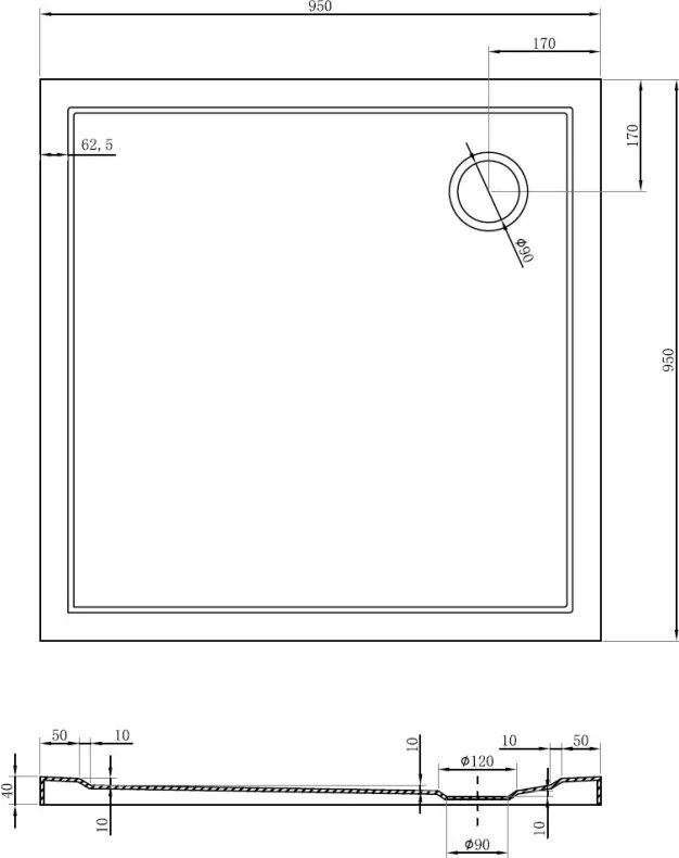 Mexen Flow base de chuveiro quadrada slim 95 x 95 cm, branco brilhante - 46S109595