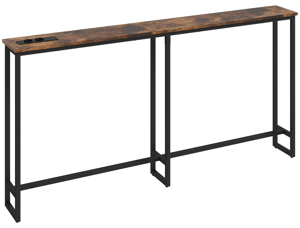 HOMCOM Mesa de Consola Estreita Consola com Estação de Carga Estrutura de Aço Estilo Industrial para 160x20x80 cm Marrom Rústico | Aosom Portugal