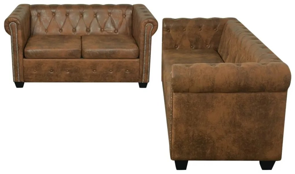 Conjunto de sofás de 2 + 3 lugares, Chesterfield, castanho
