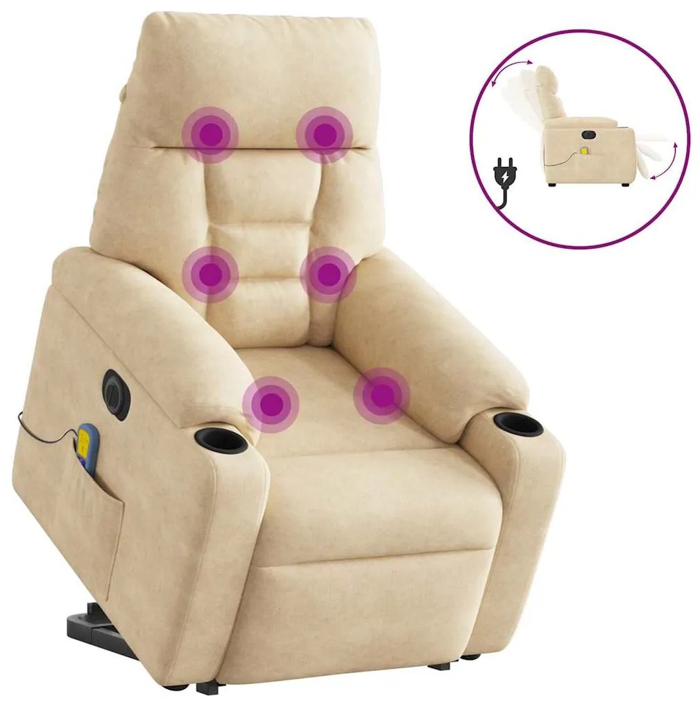 vidaXL Poltrona de massagens elétrica elevatória microfibra cor creme