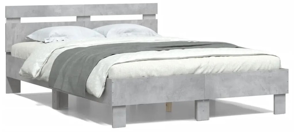 Estrutura cama cabeceira e luzes LED 120x190cm cinzento cimento
