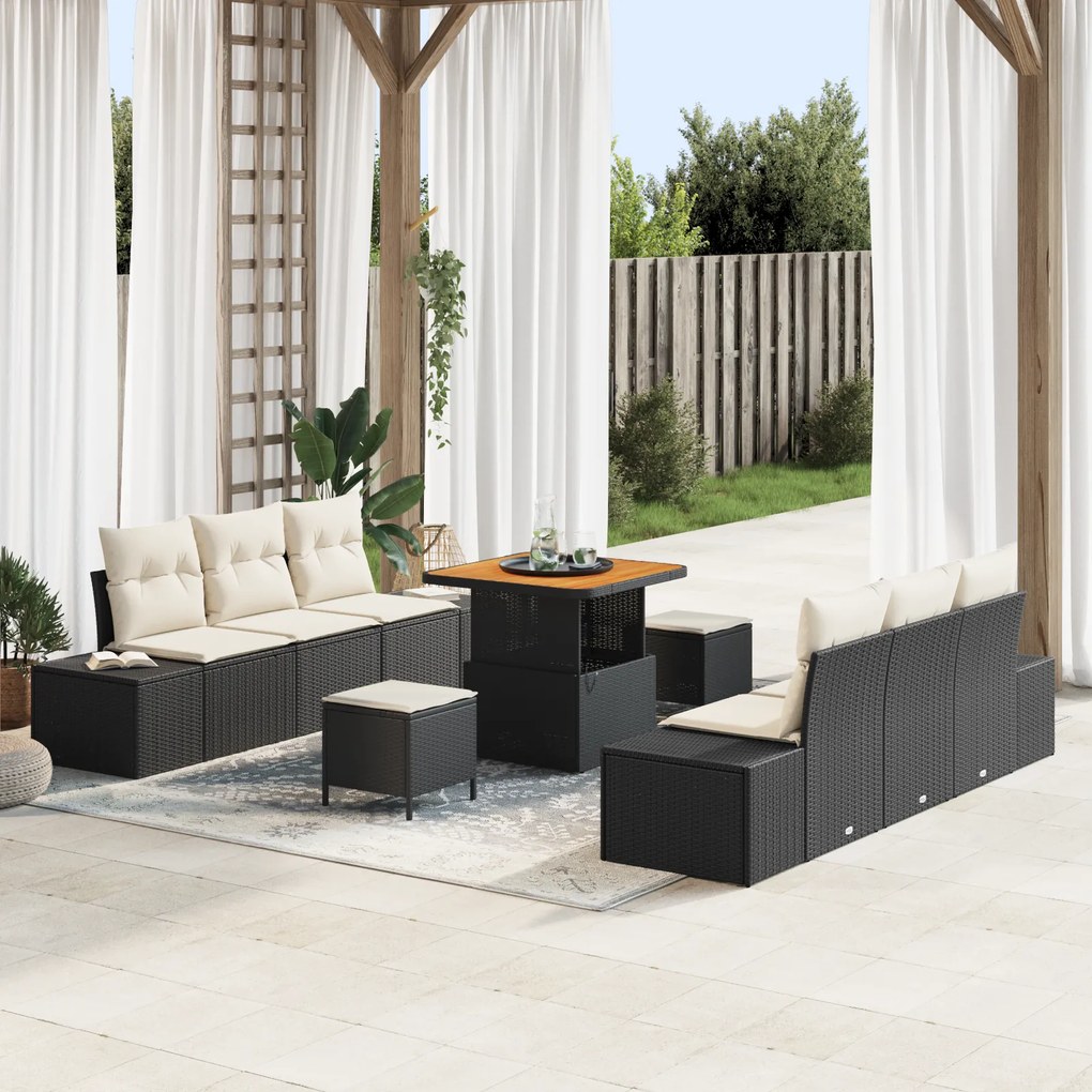 Conjunto de Sofá de Jardim vidaXL 9 Peças com Almofadas Preto Vime Sintético Acácia