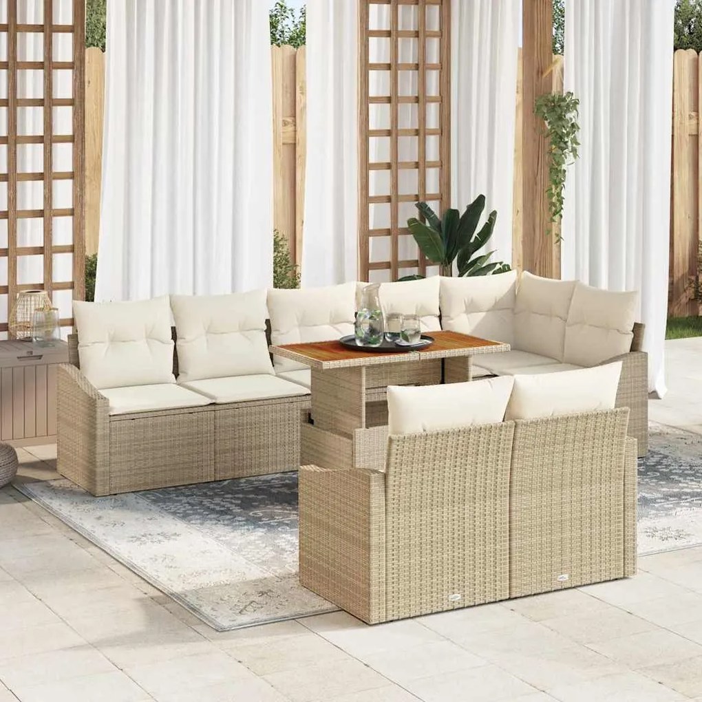 vidaXL Conjunto de Jantar de Jardim com 9 Peças e Almofadas Beiges em Rattan Poly Acácia