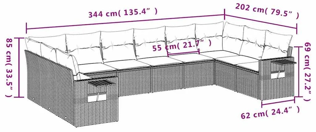 10 pcs conj. sofás jardim com almofadões vime PE cinzento-claro