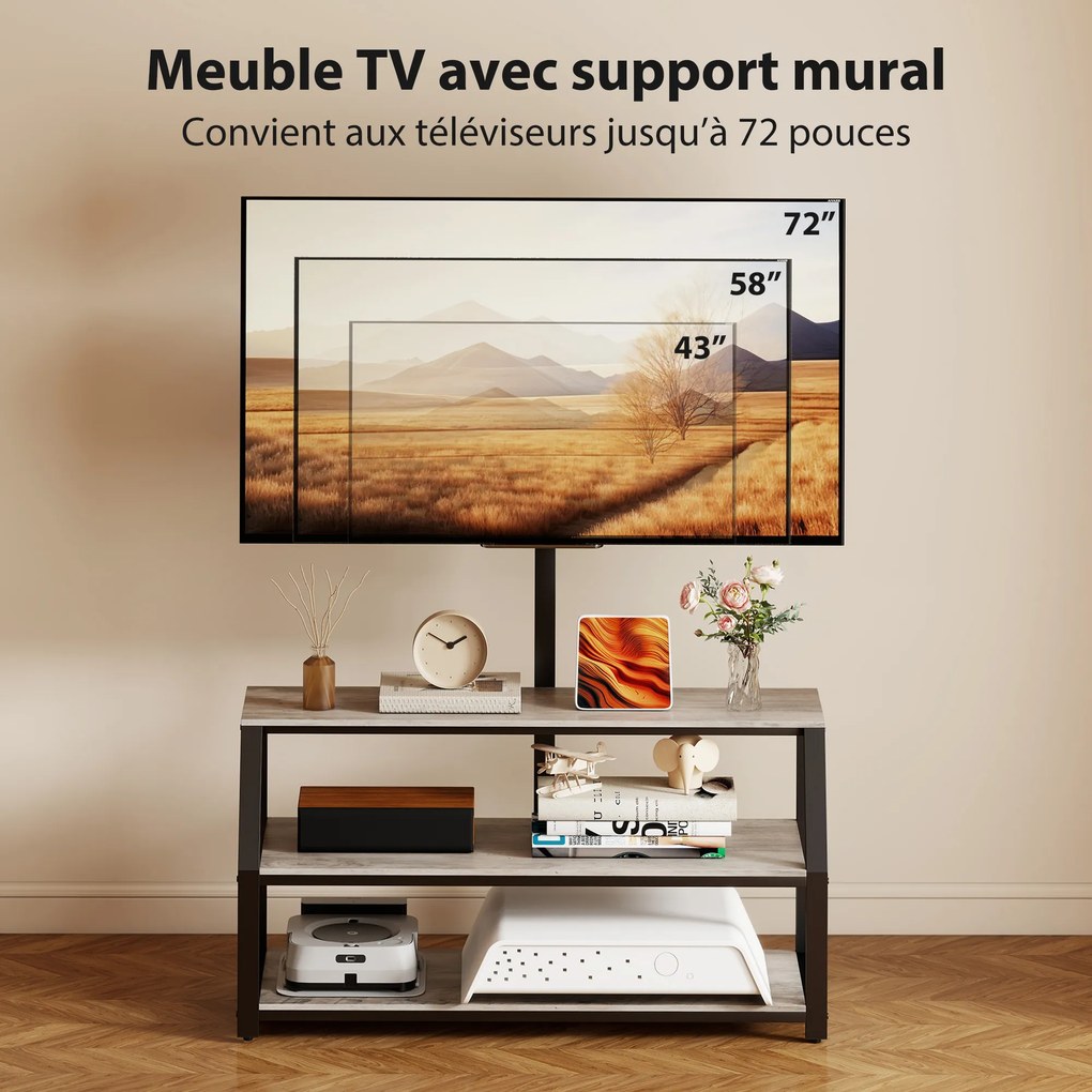 Móvel de televisão 110 x 43 x 150 cm, com suporte para televisores até 72 polegadas, com 2 prateleiras abertas, cinzento, preto