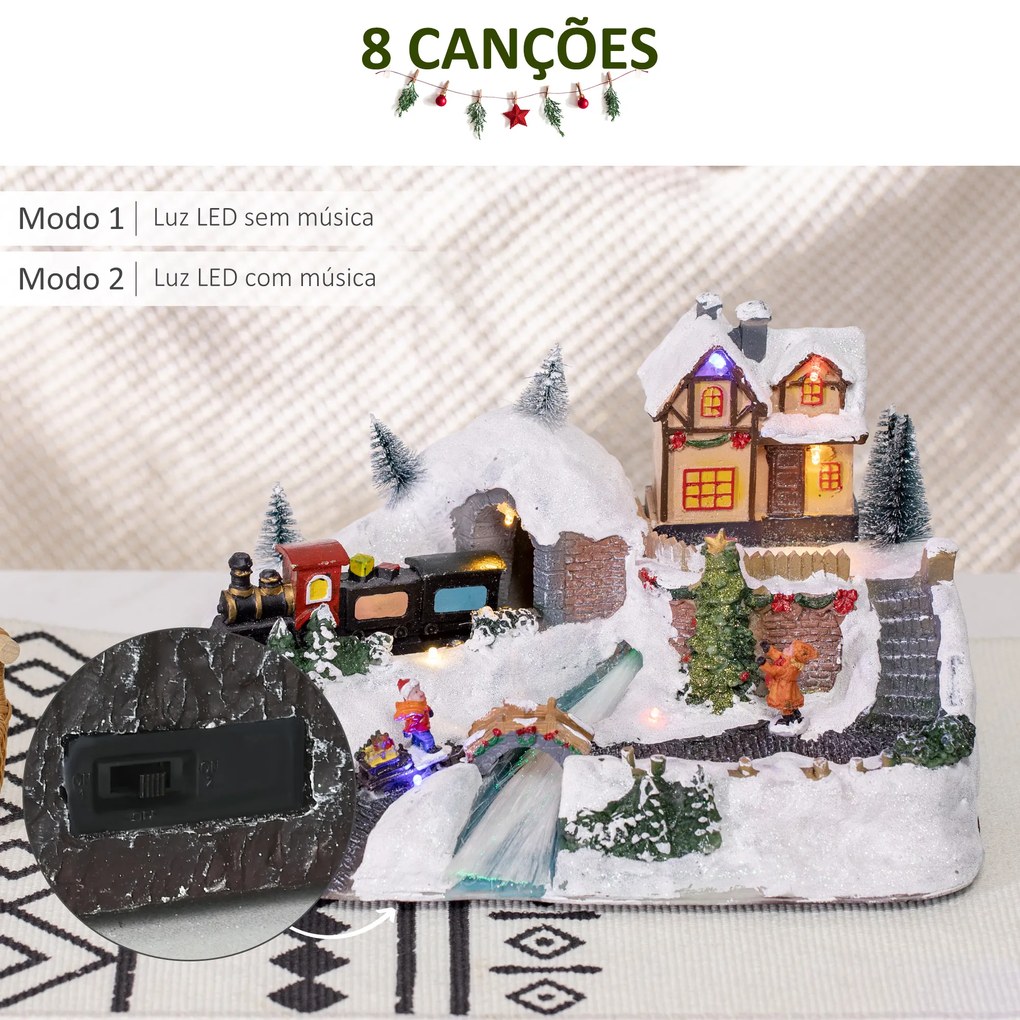 HOMCOM Cidade Natalina Iluminada com Luzes LED Árvore de Natal Giratória Música e Trem Decoração de Natal 30x19x19,5cm Multicor