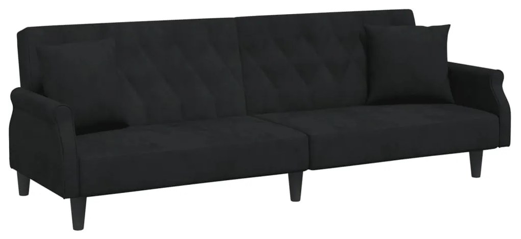 Sofá-cama 2 lugares c/ almofadas e apoio de pés veludo preto