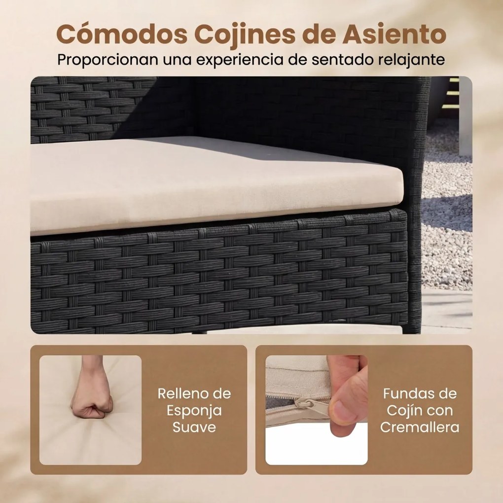 Conjunto de jardim em rattan de 4 peças, com 2 poltronas, sofá de 2 lugares, mesa auxiliar e almofadas de espuma, para alpendre, pátio ou terraço, Pre