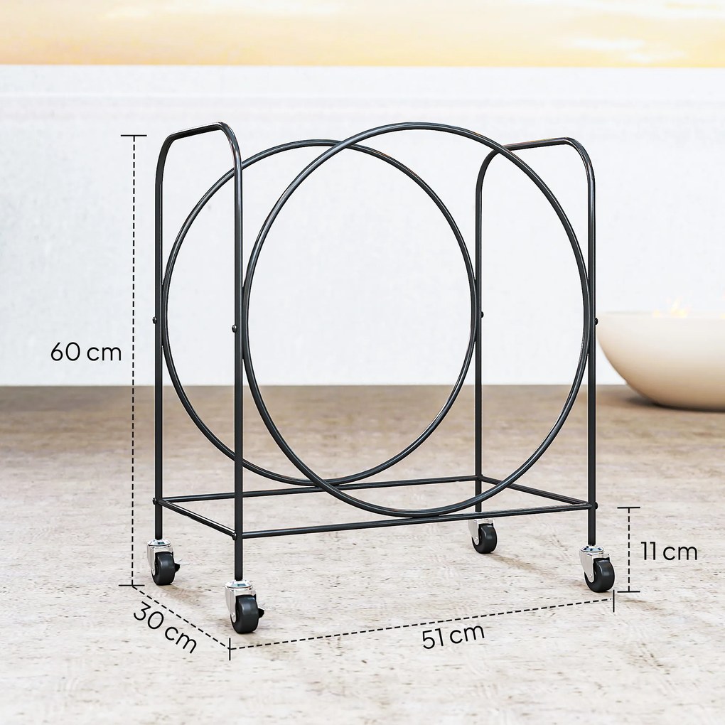 Suporte Metálico para Lenha com Rodas para Interior e Exterior 51x30x60 cm Preto
