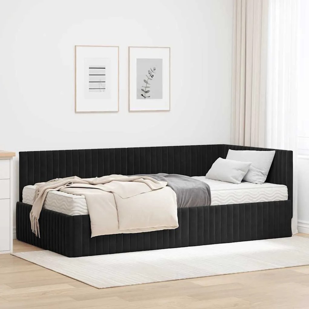 vidaXL Estrutura de Cama de Canto com Colchão 2 pcs Preto Veludo