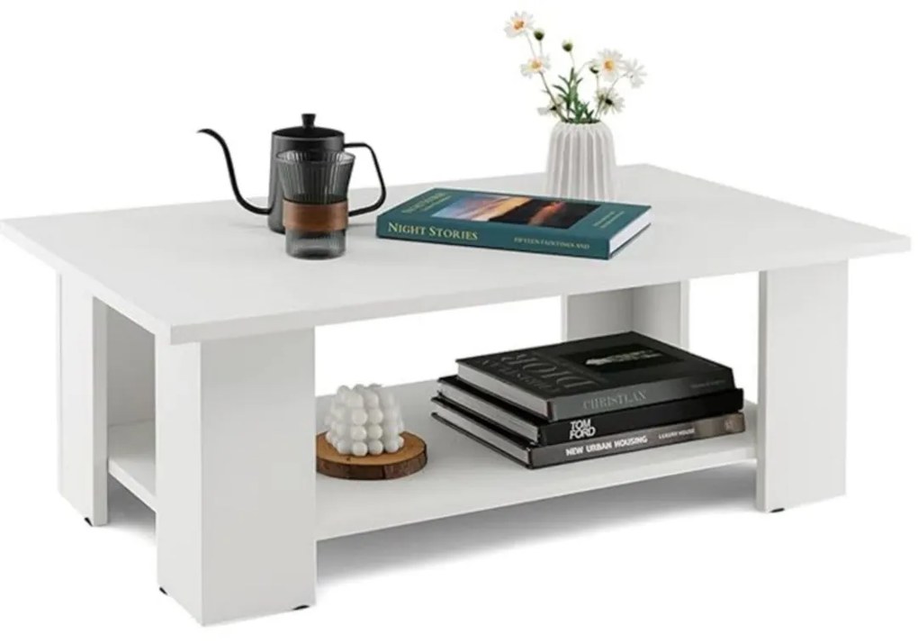 Mesa de centro moderna com prateleira aberta de madeira para sala 90 x 52 x 40 cm branca