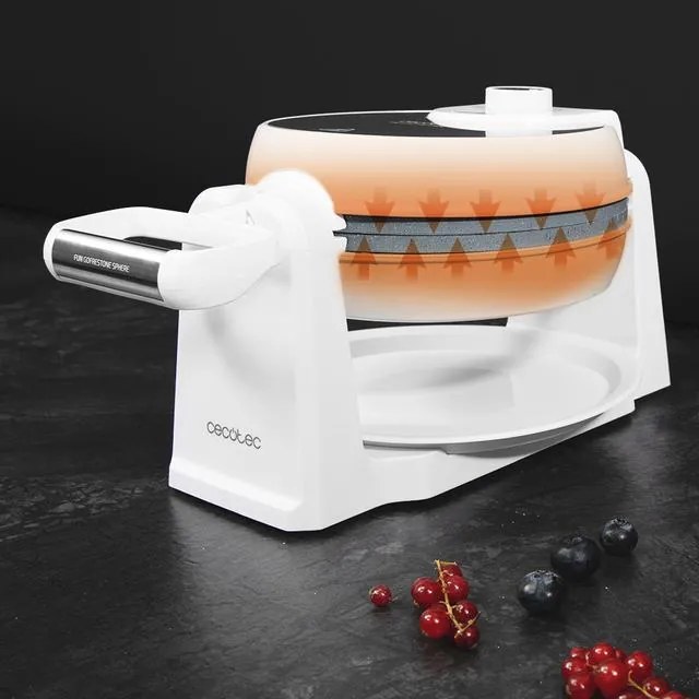 Máquina de waffles de 1000 W Fun Gofrestone Sphere, revestimento antiaderente RockStone, design circular, rotação de 180° para uma utilização ótima, i