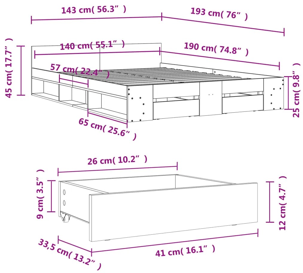 Estrutura de cama c/ gavetas 140x190 cm derivados madeira preto