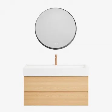 Conjunto De Móvel De Casa De Banho Suspenso Em Madeira E Folha De Freixo Com Lavatório Integrado Ona Madeira Natural & Redondo - Sklum
