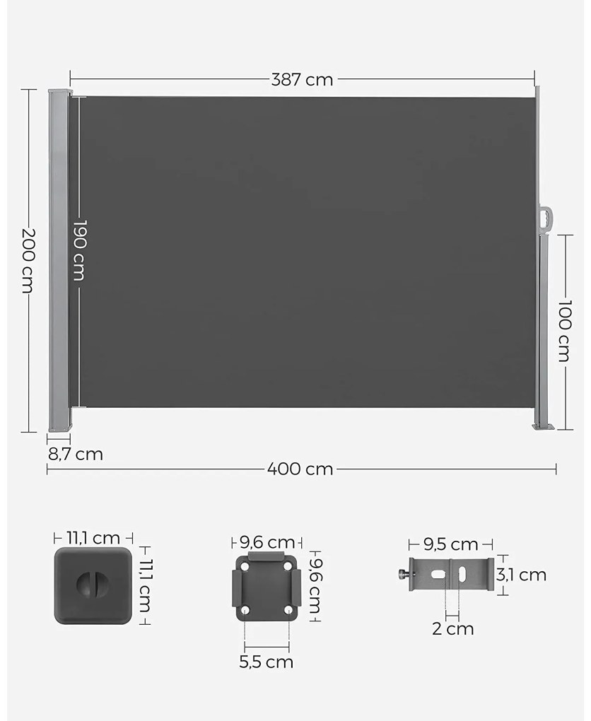 Toldo lateral extensível 200 x 400 cm para varanda Antracite