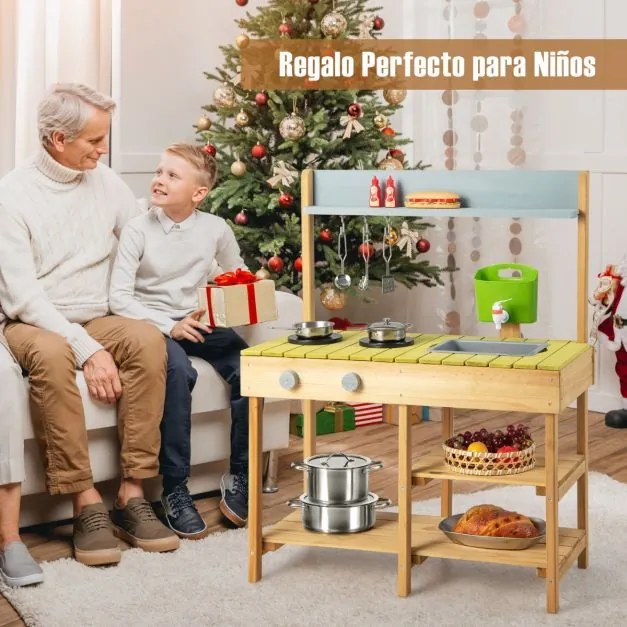 Cozinha de brincar de madeira para crianças com caixa de água Torneira realista Lava-loiça destacável para crianças com mais de 3 anos Natural