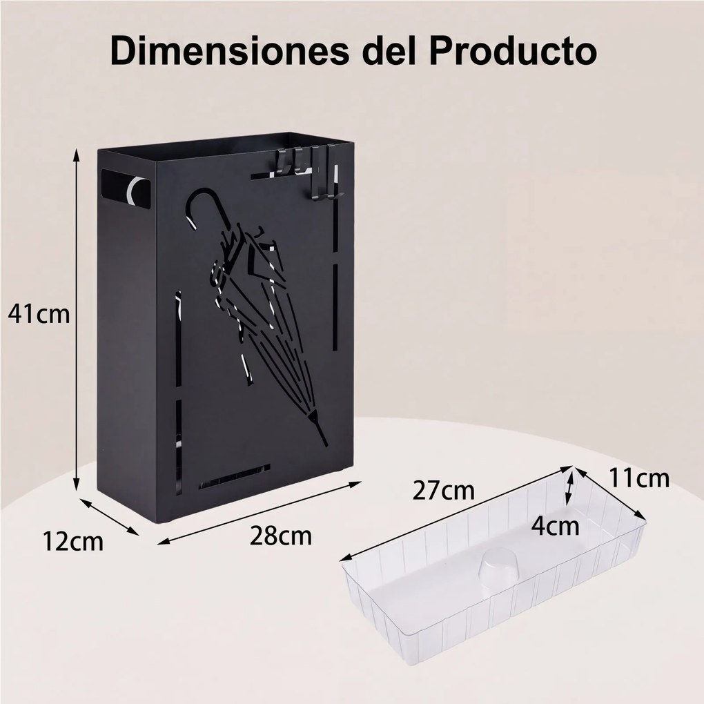 Porta-Guarda-Chuvas para Entrada, 28 x 12 x 41 cm, Bandeja de Recolha Removível, Preto
