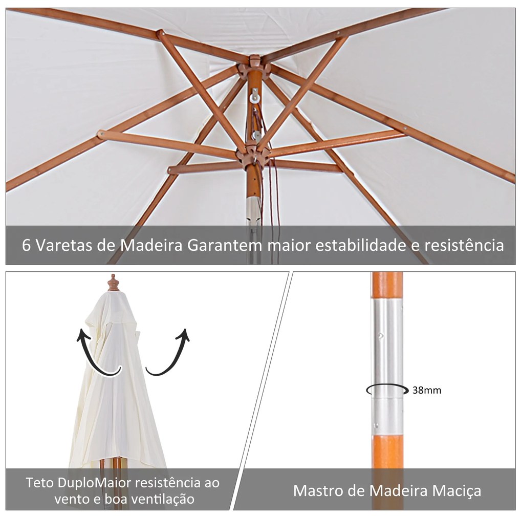 Chapéu de Sol de Jardim 200x150x230cm Chapéu de Sol Retangular Inclinável com Polia Duplo Teto e Mastro Desmontável de Madeira para Terraço Pátio Crem