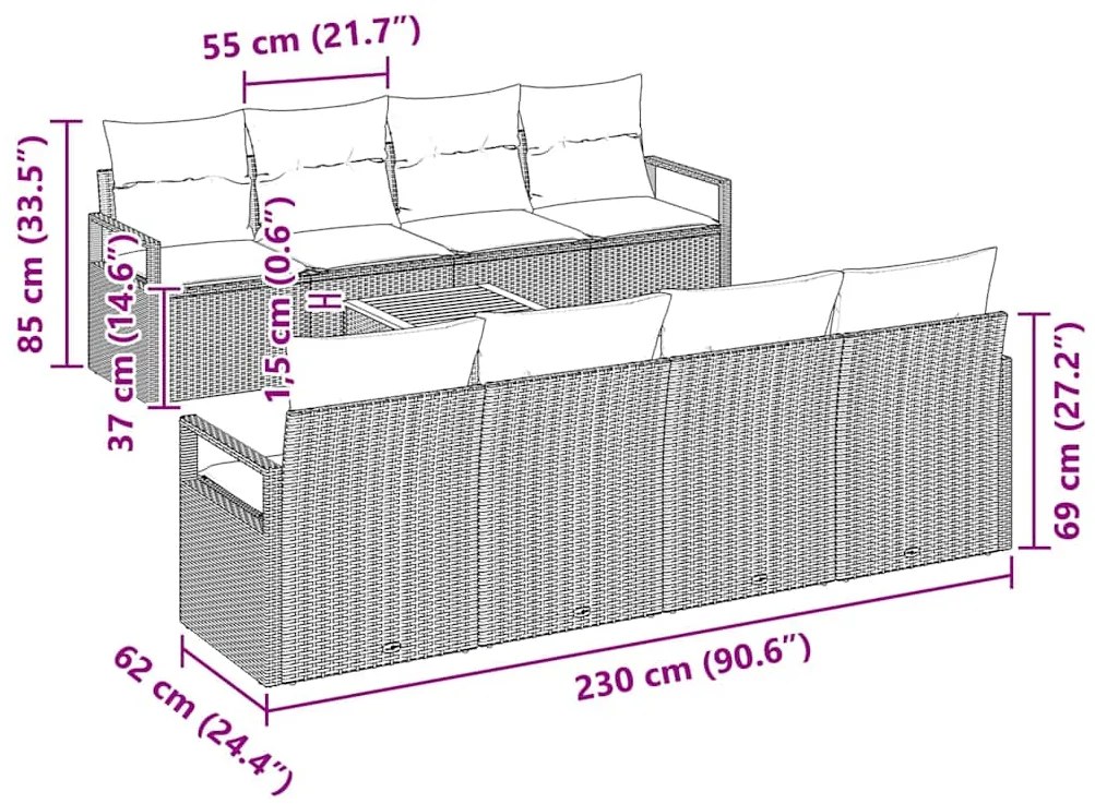 Conjunto de Sofá de Jardim 9 Peças com Almofadas Pretas em Rattan Sint