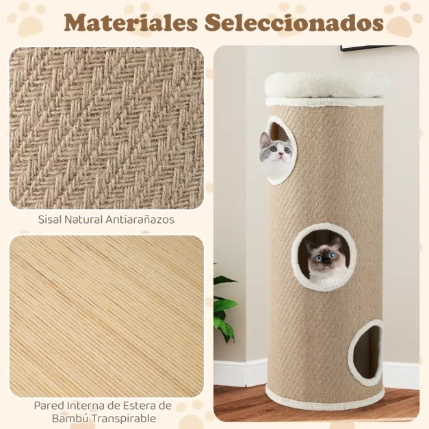 Casa para gatos de 4 níveis, caverna elevada com cama removível, painel para arranhar em sisal, 43 x 113 cm, cor cáqui