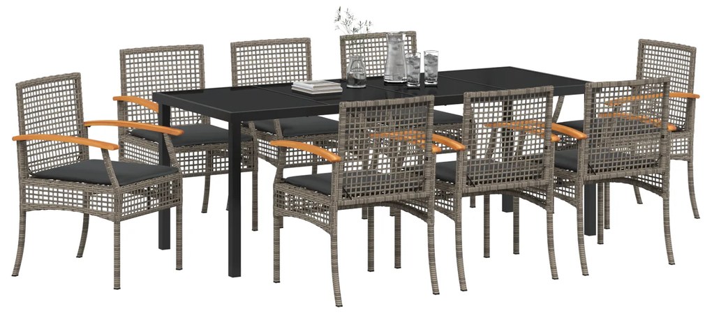 Conjunto de Jantar de Jardim 9 Peças com Almofadas Cinza Poli Rattan