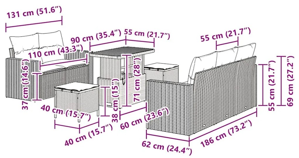 Conjunto de Sofá de Jardim de 8 Peças da com Almofadas em Polirattan B