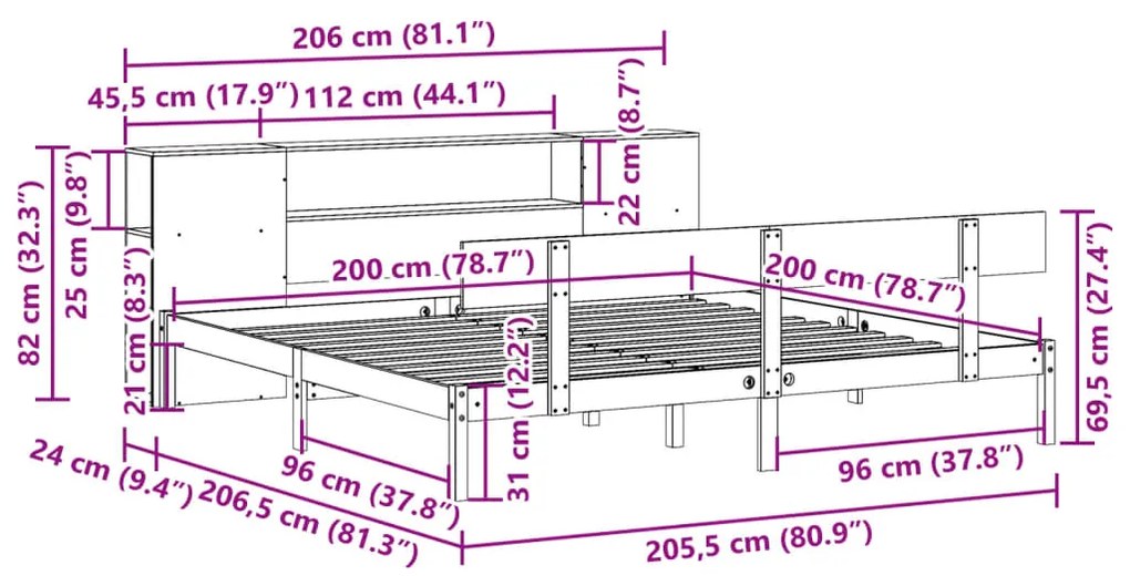 Cama com estante sem colchão 200x200 cm pinho maciço
