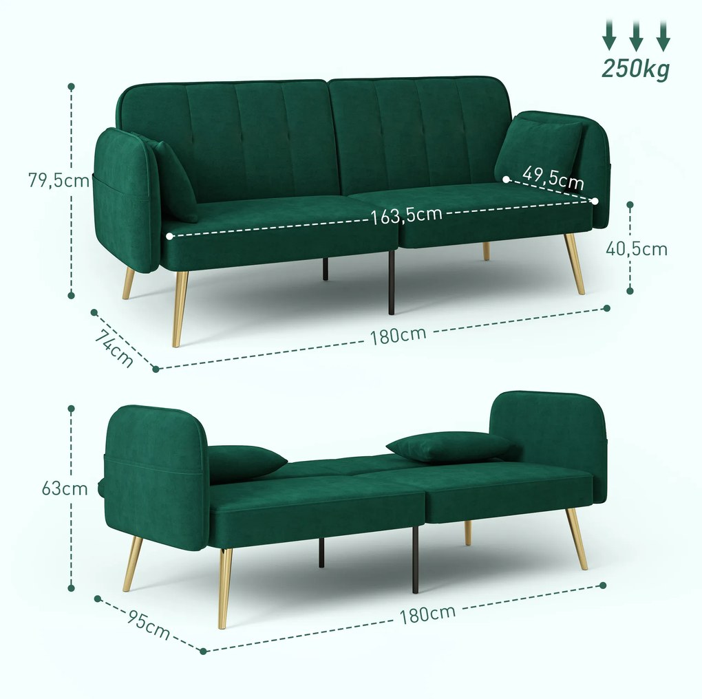 Sofá-cama de 2 lugares, 180 x 74 x 79,5 cm em tecido de veludo com encosto ajustável, verde escuro