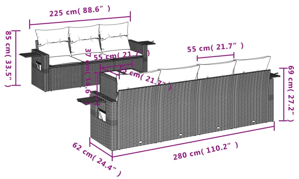 8 pcs conjunto sofás de jardim c/ almofadões vime PE castanho