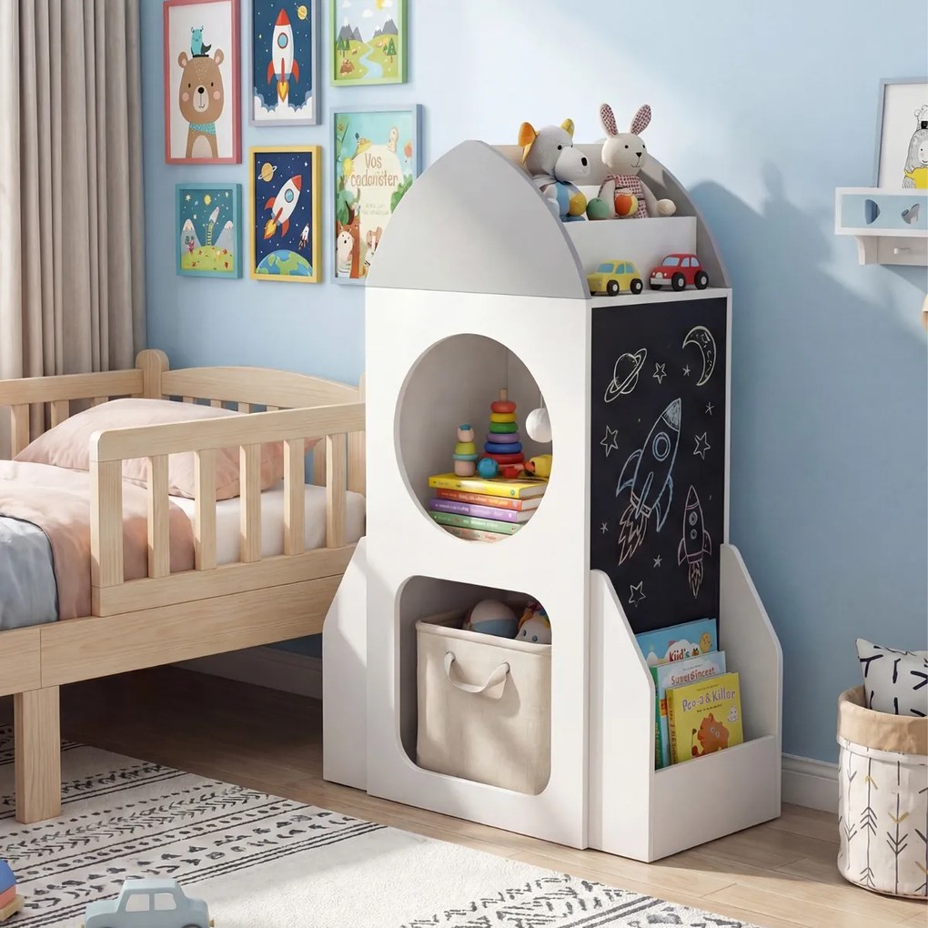Estante infantil de 3 níveis com tema espacial 60 x 31 x 94 cm, quadro negro e 2 compartimentos para sala de aula, brinquedos e creche – Branco + Cinz