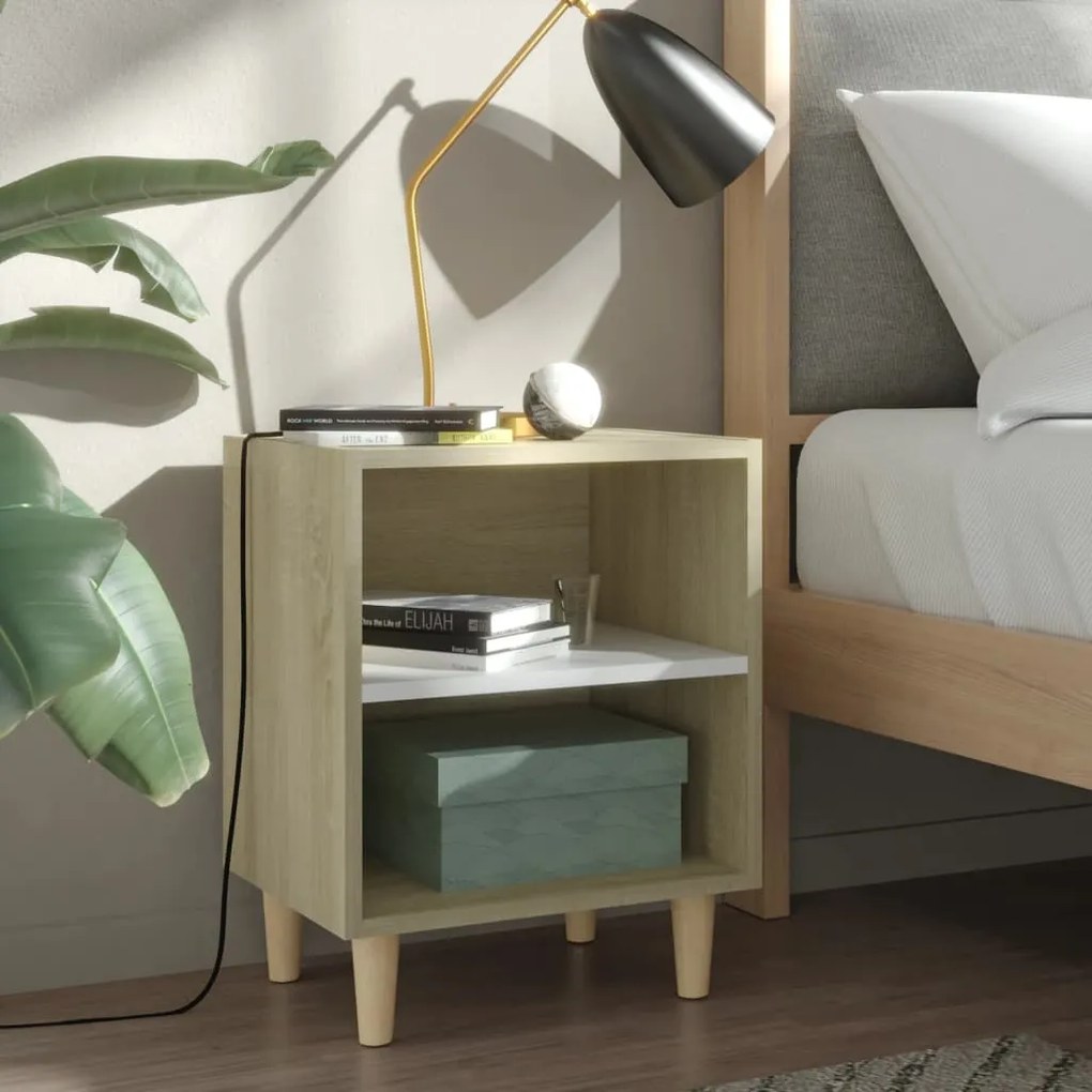 vidaXL Mesa cabeceira perna mad. maciça 40x30x50cm carval. son./branco