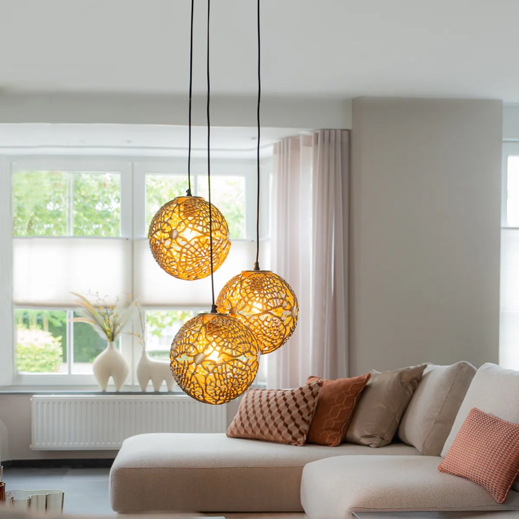 Candeeiro de suspensão Art Deco dourado redondo 3 luzes - Maro