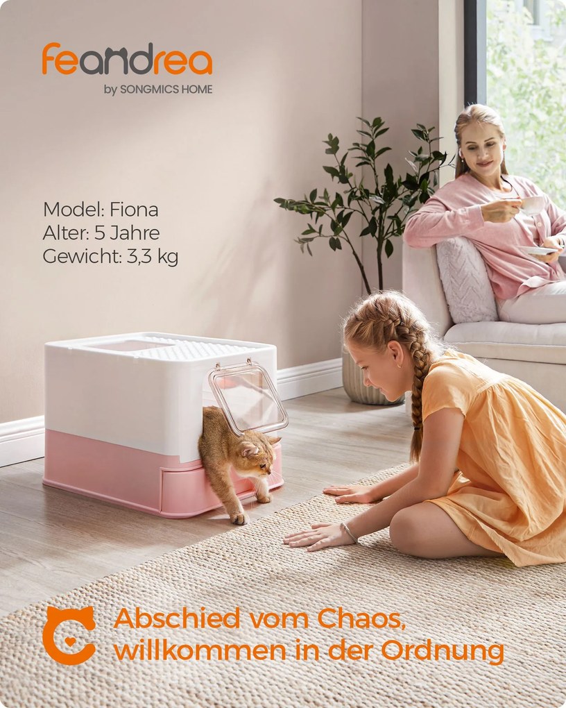 Caixa de areia para gatos com tampa e colher espaçoso branco-rosa pastel