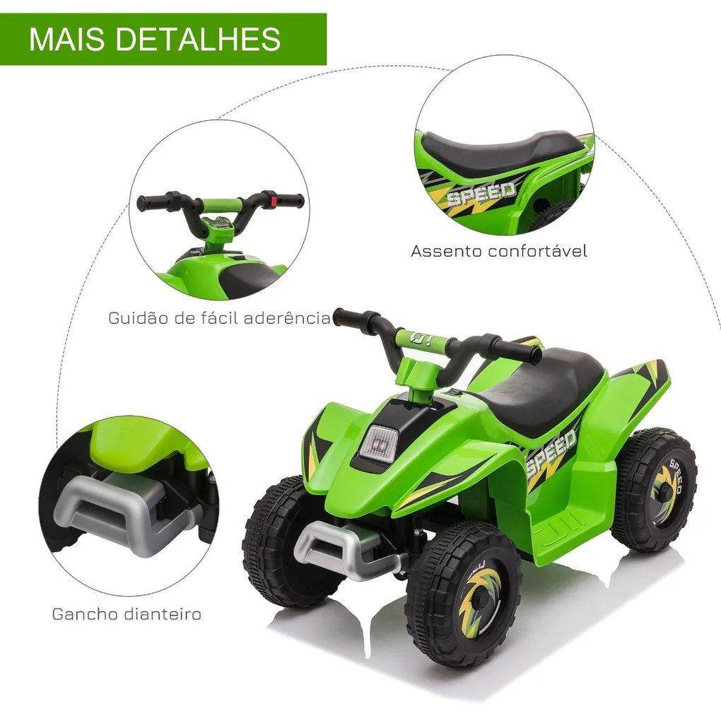 Moto 4 Elétrico Elétrica para Crianças de 18-36 Meses Quadriciclo a Bateria 6V com Avance e Retrocesso 72x40x45,5cm Verde