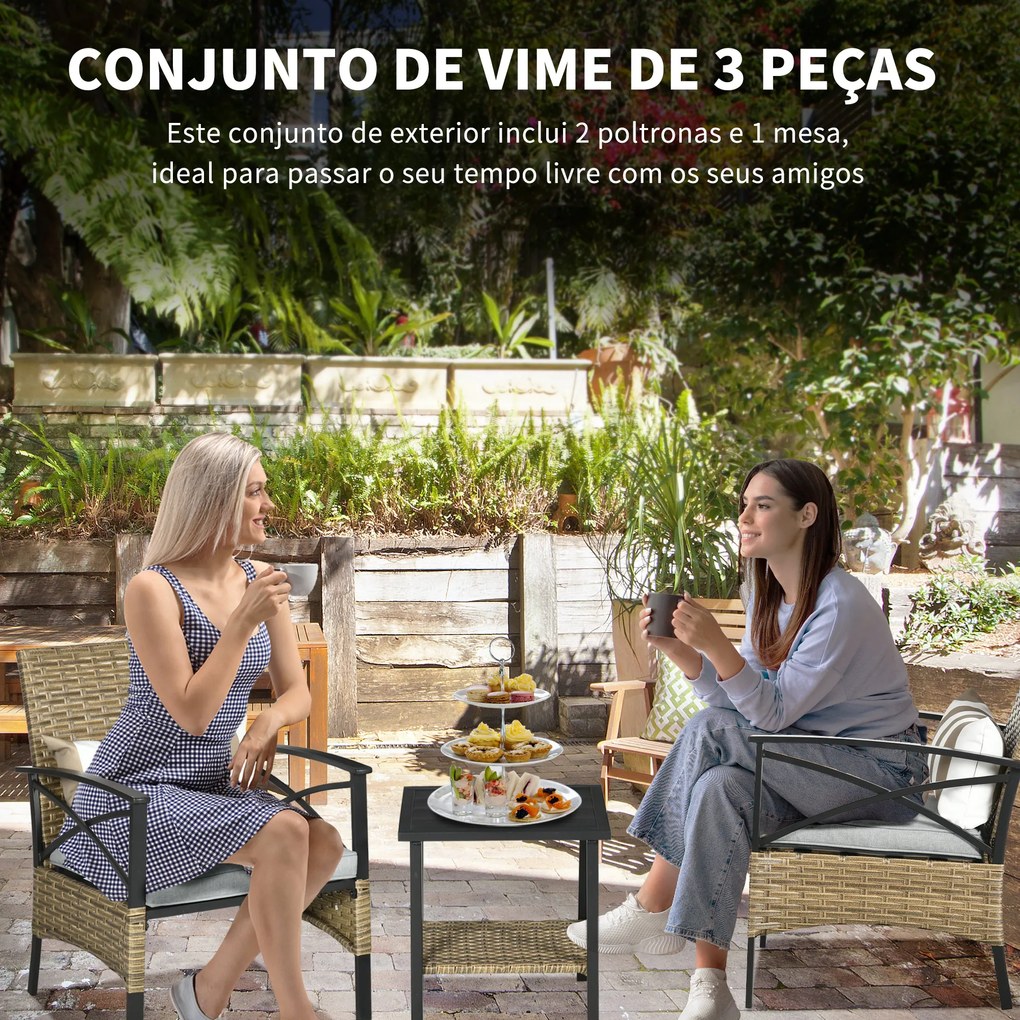 Outsunny Conjunto de Poltronas e Mesa de Centro de Vime 3 Peças Conjunto de Móveis de Vime com Almofadas Acolchoadas e Estrutura de Aço para Varanda Pátio 46x46x48cm e 59x71x80cm Marrom Claro