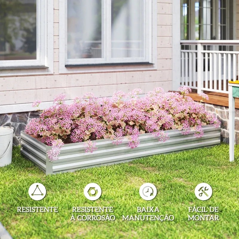 Floreira Exterior Grande Retangular em Aço Galvanizado 241x90,5x30 cm para Terraço com Fundo Aberto Prata