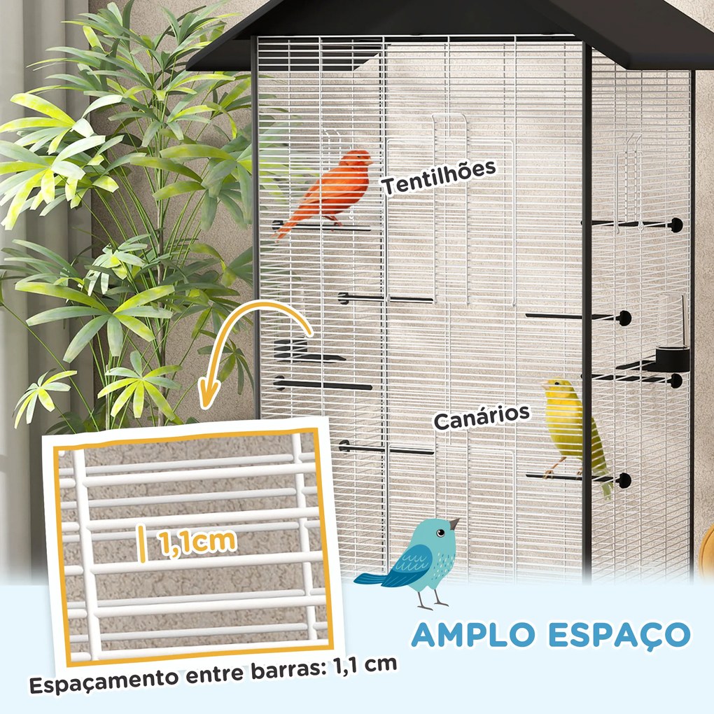 Gaiola para Pássaros Metálica com com Rodas Bandeja Amovível 4 Portas 2 Comedouros e 8 Poleiros 79x65x155 cm Preto