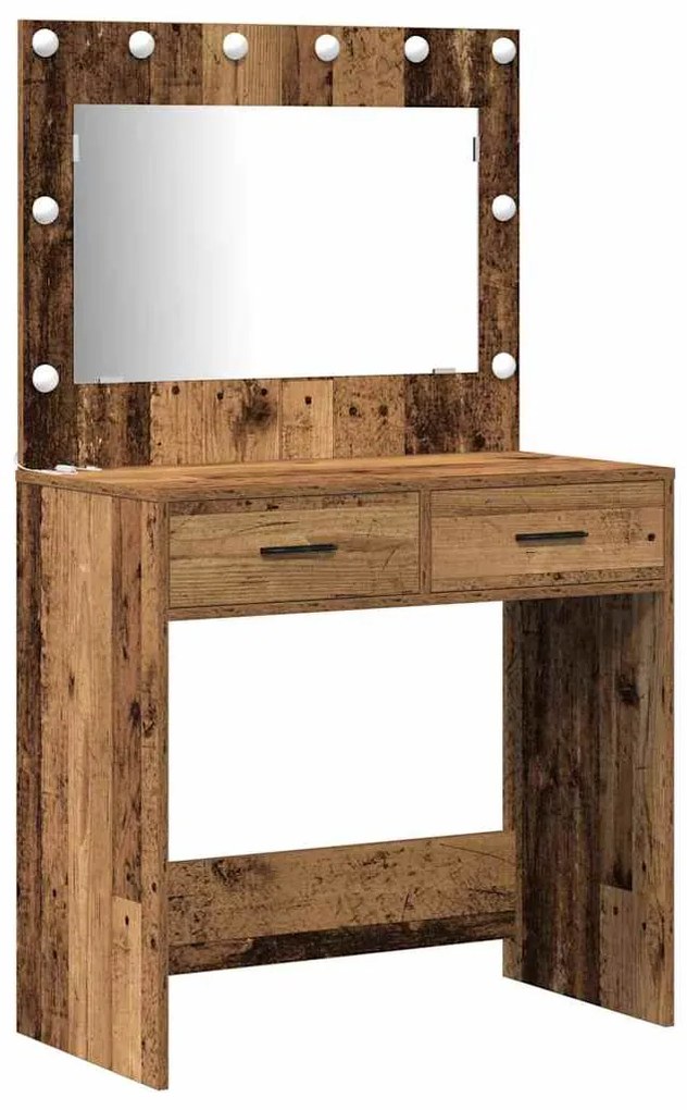 Conjunto de Mesa de Maquiagem de 2 Peças com LED em Madeira Antiga