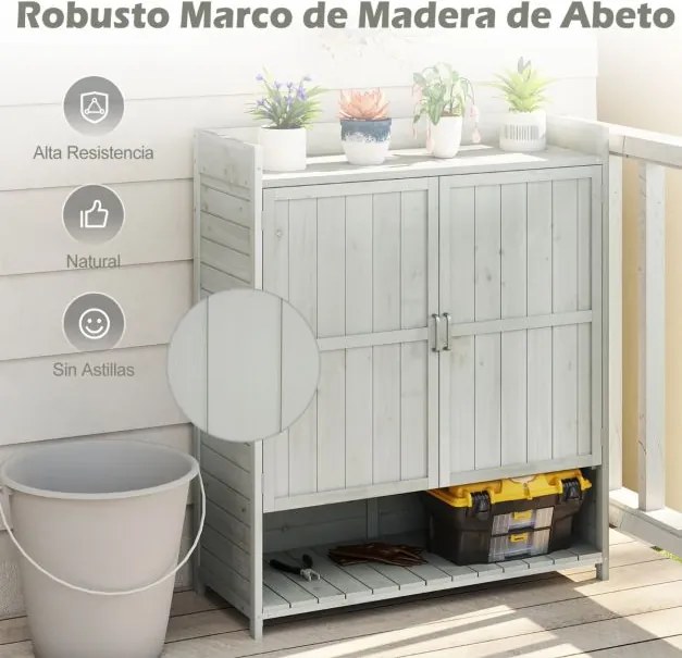 Bancada jardinagem para Exterior 100 x 38 x 118 cm com Armazenamento Armário de Madeira Maciça com Prateleiras Removíveis e 2 Portas Cinza