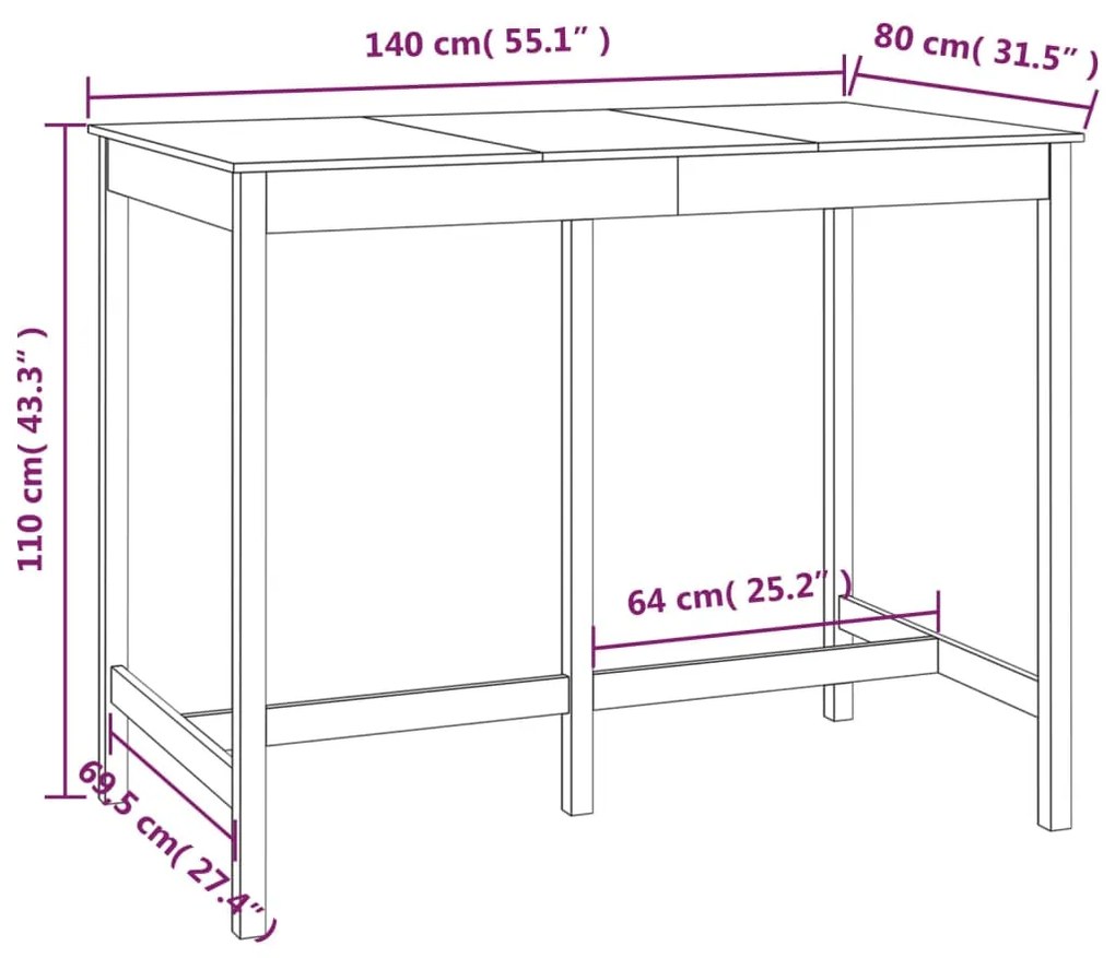 Mesa de bar 140x80x110 cm madeira de pinho maciça branco