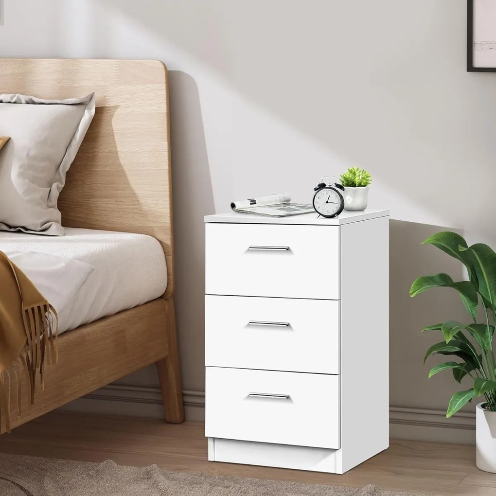 Mesa de cabeceira em madeira maciça com 3 gavetas de arrumação, estilo simples e elegante para sala ou quarto, 38 x 66 x 35 cm, branca