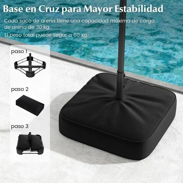 Guarda-sol de jardim Duplo 4 x 2 m com luzes solares, manivela com base Bege